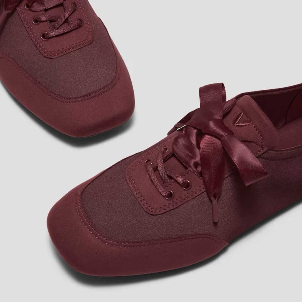 Women's Satin Ribbon Lace-Up Sneakers - Burgundy - Picture 3 of 13